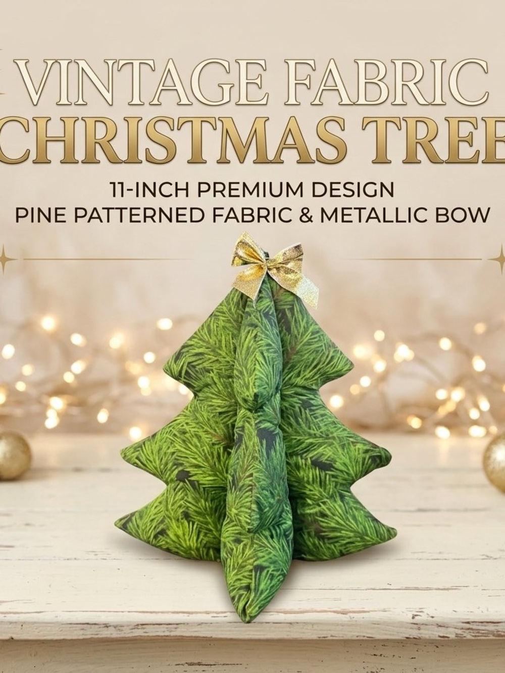 Vintage Green Fabric Holiday Tree with Gold Bow